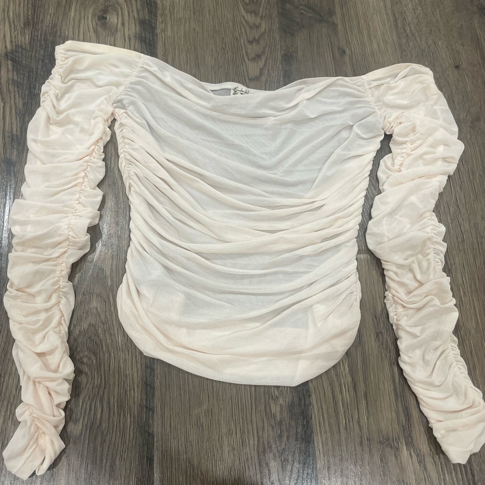 Free People White Ruched Long Sleeve Blouse
